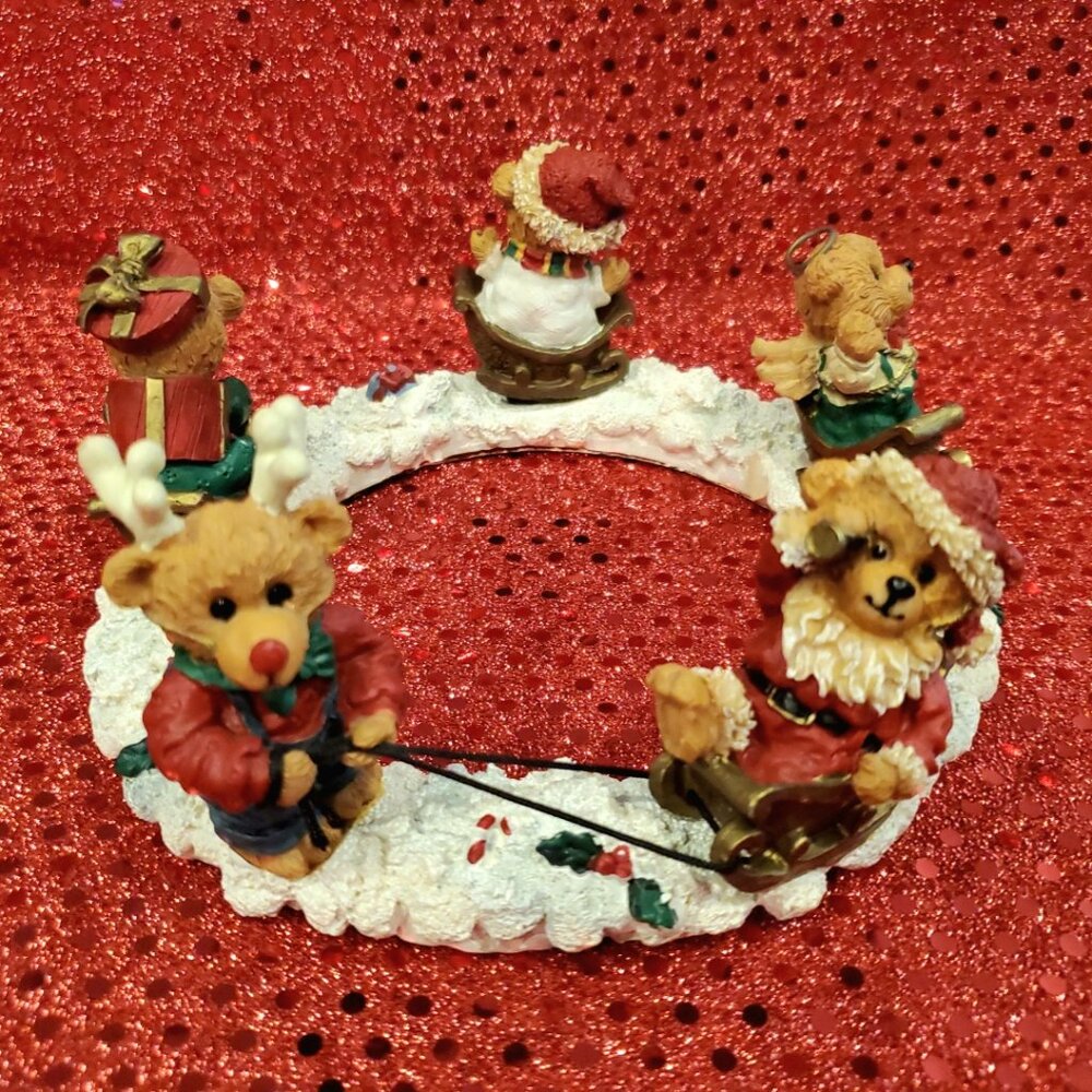 L@@K Cute Holiday Bear Candle Ring Decor Bears on Sleighs for 4" Candle Diameter